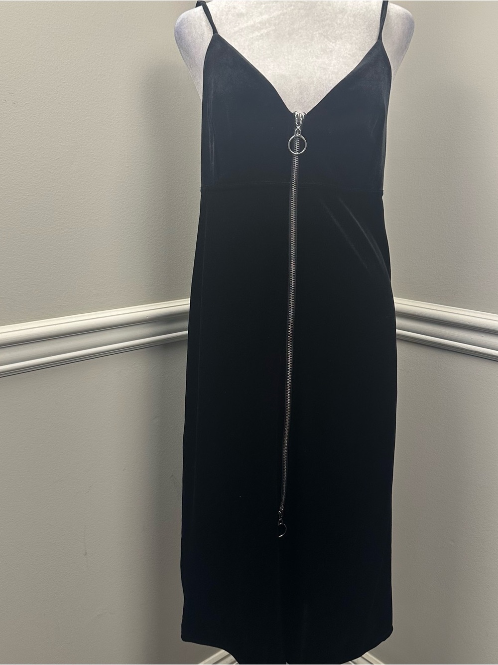 7 For All Mankind Black Velvet Zip-Front Midi Dress M